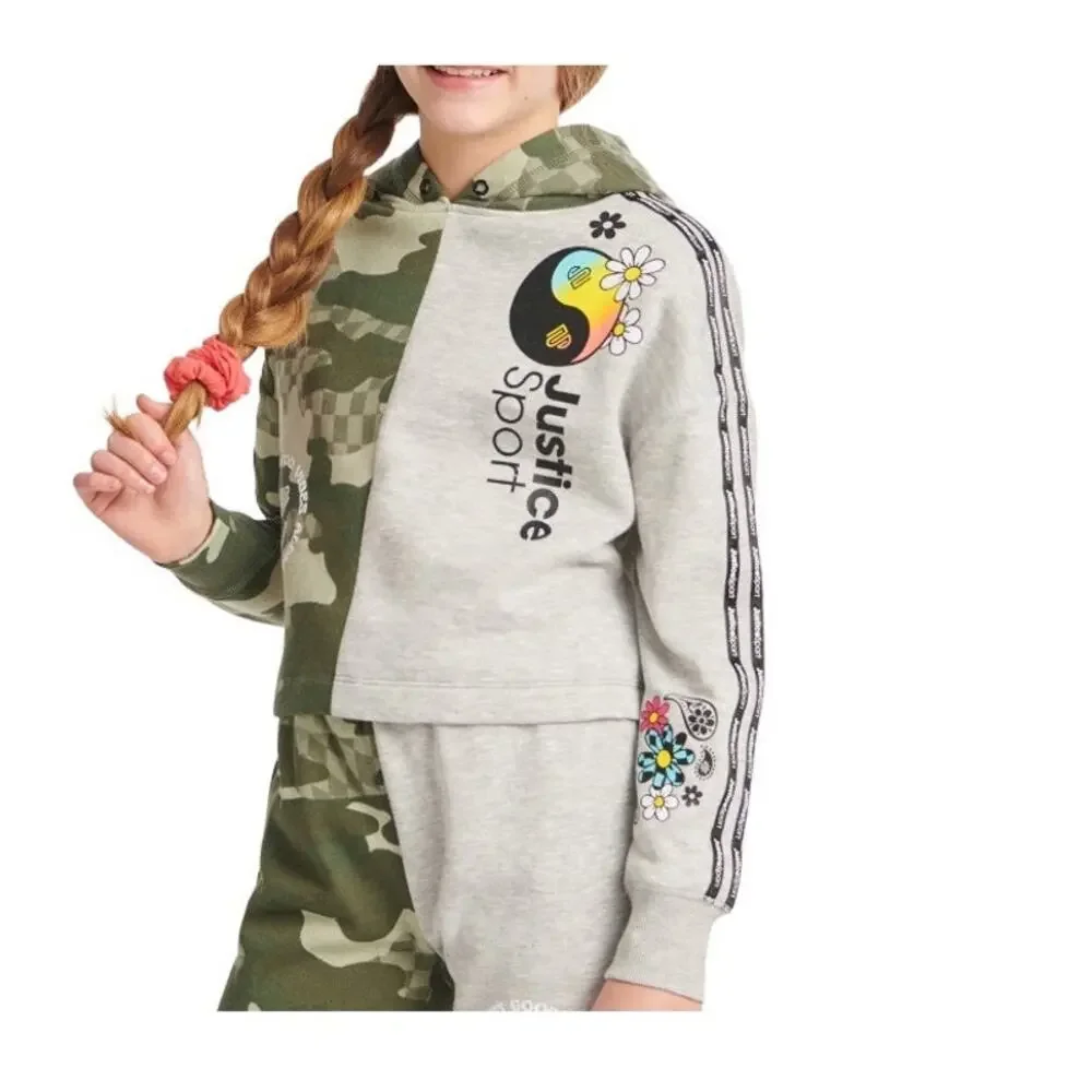 3 Piece girls clothing Size 5/6.  1 Outfit & 1 Justice Hoodie Camo Green Purple